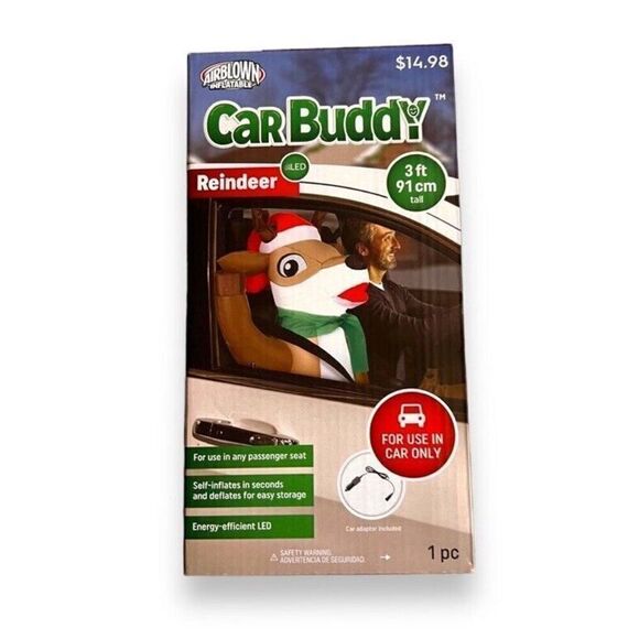 GEMMY REINDEER CAR BUDDY AIRBLOWN INFLATABLE 3 FT. TALL CHRISTMAS GIFT NIB - Picture 1 of 3